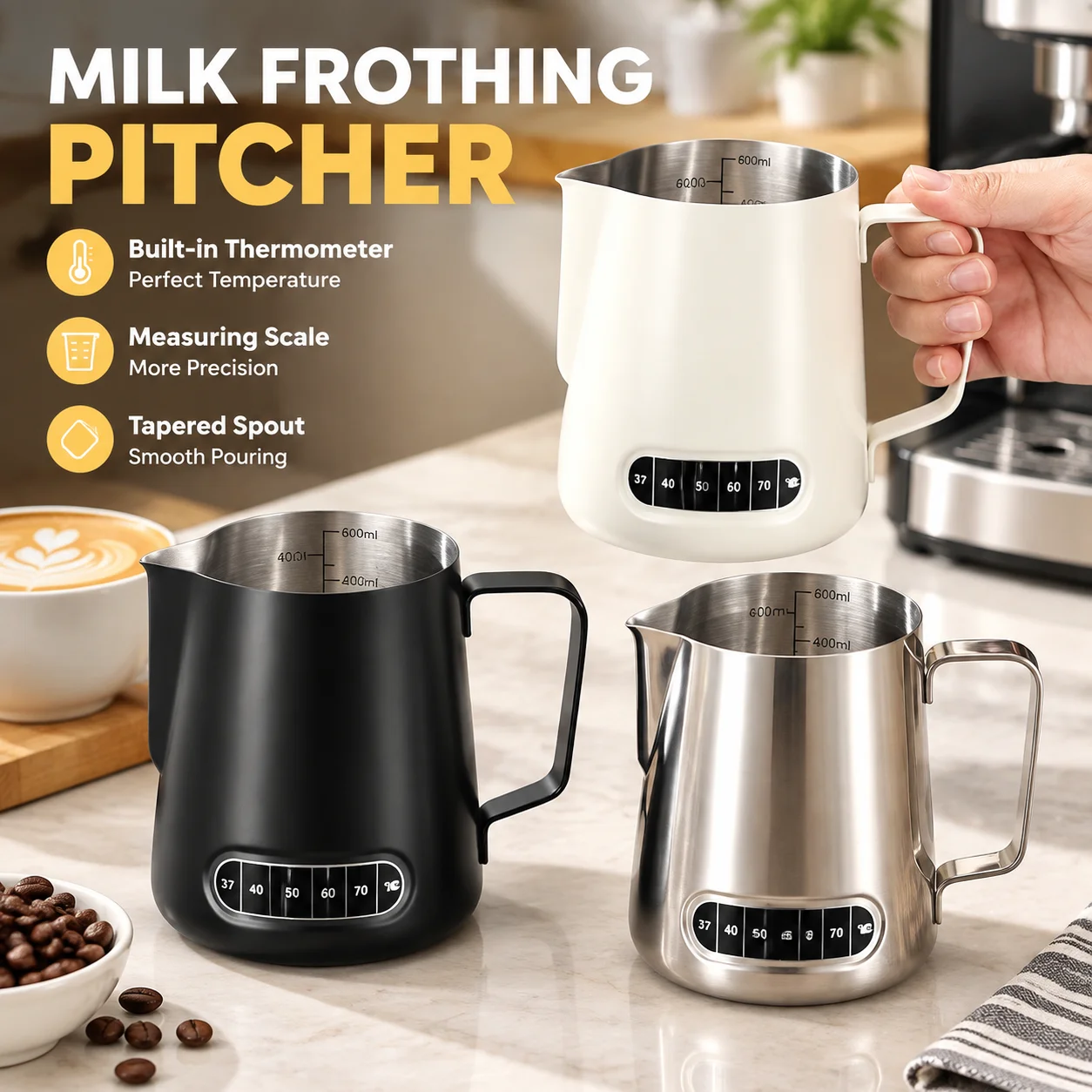 Stainless Steel Milk Frothing Pitcher with Thermometer Sticker and Measuring Scale, Tapered Spout