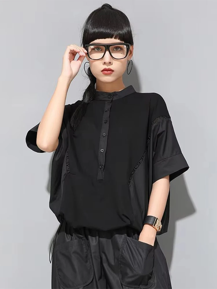 AmaxluluE 2025 letnia koreańska moda damska patchworkowa koszulka koszule damskie w stylu Punk czarne t-shirty damskie ponadgabarytowe bawełniane topy — zdjęcie 3