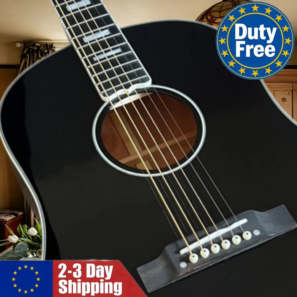 Image of Deutsches Lager: Massivholz-Decke, schwarze Farbe, Gitarre mit festem Steg, Country-Akustik-Folk-Gitarre