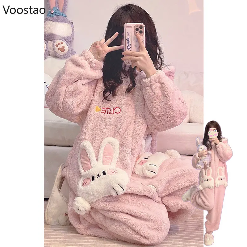 Autumn Winter Women Cute Lolita Princess Onesies Pajamas Coral Fleece Warm Cartoon Bunny Ear Hooded Sleepwear Sweet Homewear