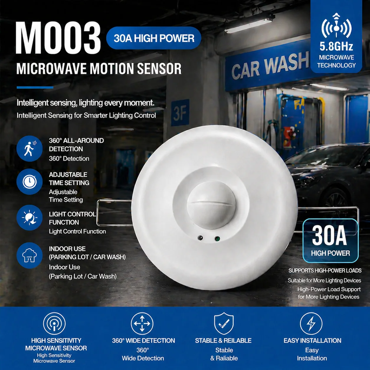 30A High Power 110V-220V Microwave Radar Sensor Switch Motion Detection Embedded in Wall for Parking Car Wash