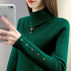 Fashion Turtleneck Knitted Korean Beading Sweater Women's Clothing 2022 Autumn New Casual Pullovers Loose All-match Warm Tops