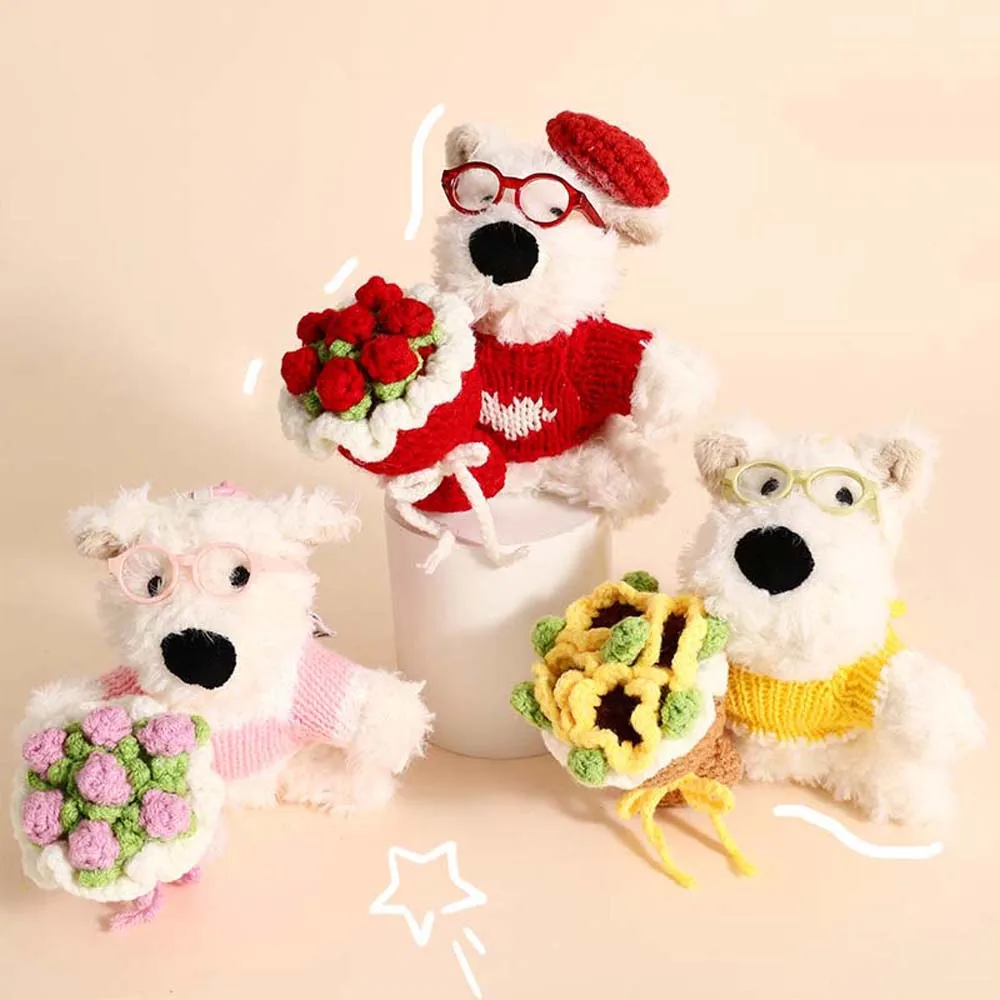 Bouquet of Flowers West Highland Bag Pendant Soft Stuffed Cartoon Animal Plush Puppy Doll Keychain Cute Plush Dog Car Keyring