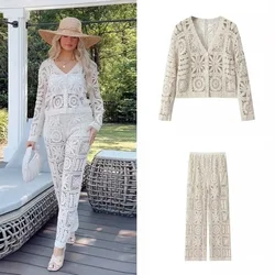 2024 Spring and Autumn New Women's Forest Style Lazy Hollow Hook Flower Knitted Cardigan Knitted Pants Set