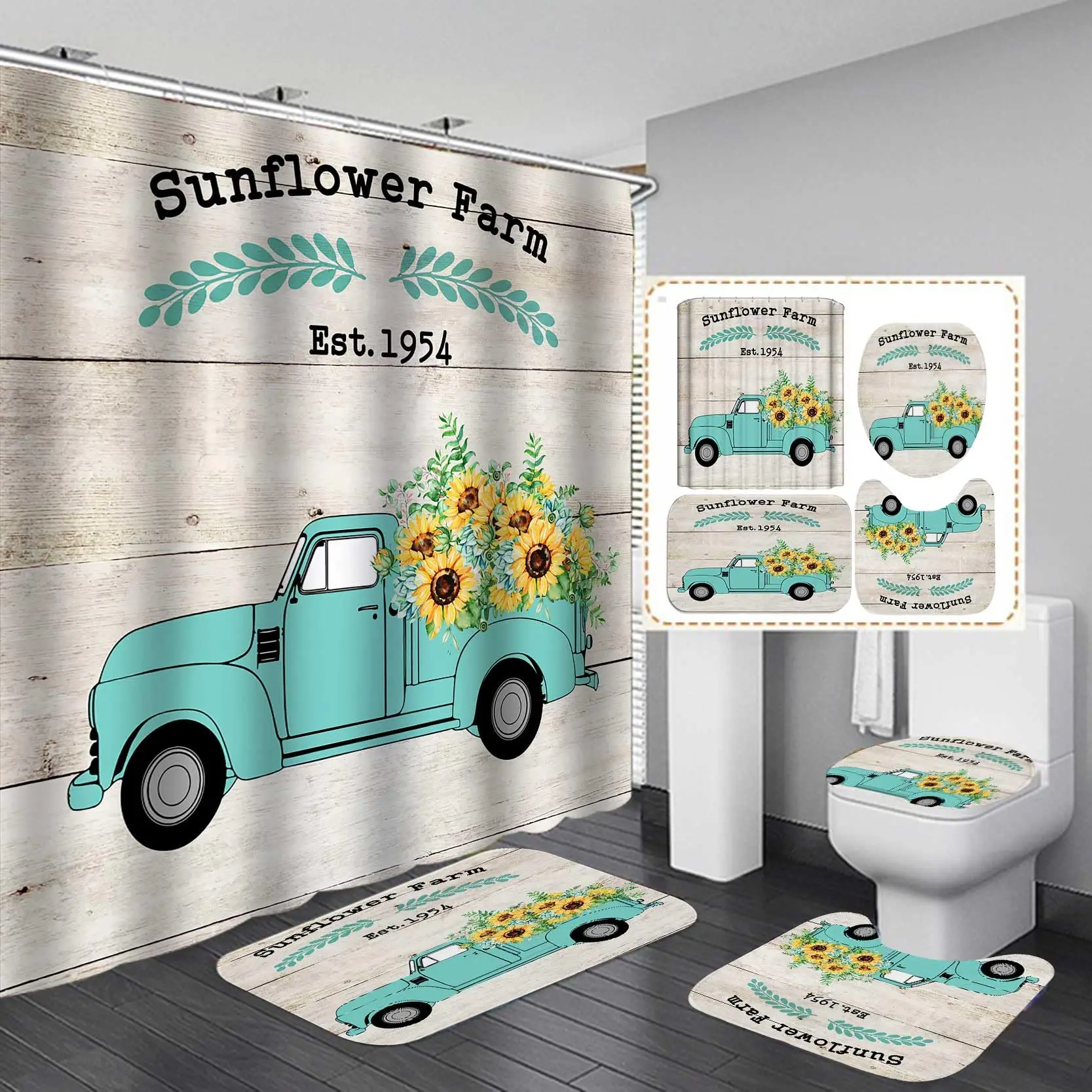 

4PCS/Set Farm Sunflower Rustic Truck Shower Curtain Set Vintage Country Flower Wooden Plank Bathroom Decor Soft Toilet Carpet