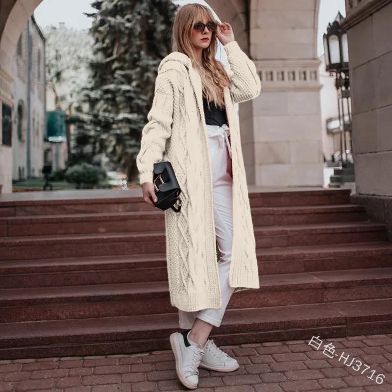 S-5XL Women Fashion Overcoat Autumn Twists Knitted Cardigan Sweater With Hat Long Sleeves Female Loose Knitwear Outstreet Wear