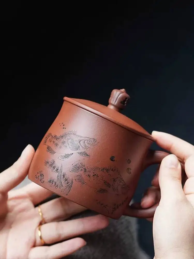 Yihuchun High-End Purple Clay Cup, Double Mandarin Fish Bringing Good Fortune 400C, Master-Made Office Lid, Tea Cup With