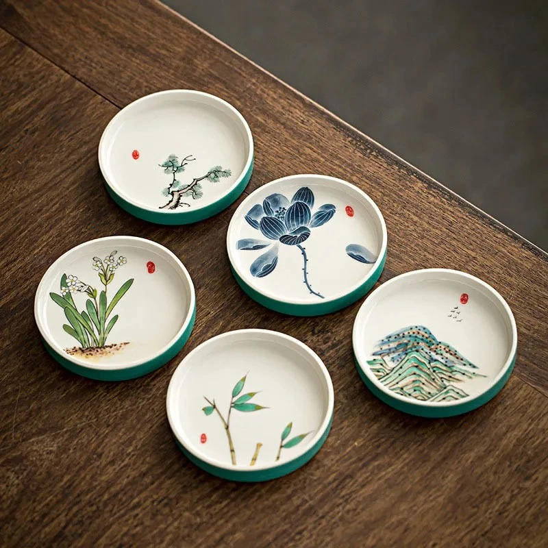 

Japanese Hand-painted Matsukaze Art Ceramic Coaster Tea Cup Holder Cover Turquoise Kung Fu Tea Ceremony Heat Insulation Pad Base