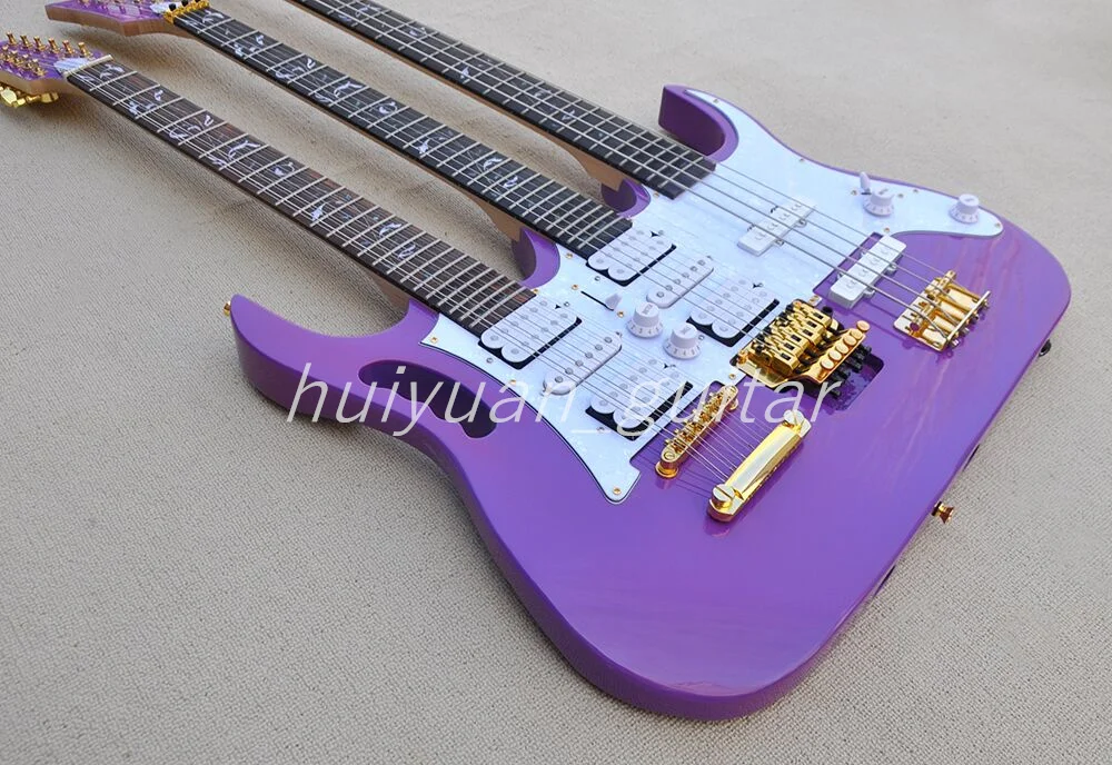 Flyoung Purple 12+6+4 Strings 3 Necks Electric Guitar with Rosewood Fretboard Gold Hardware