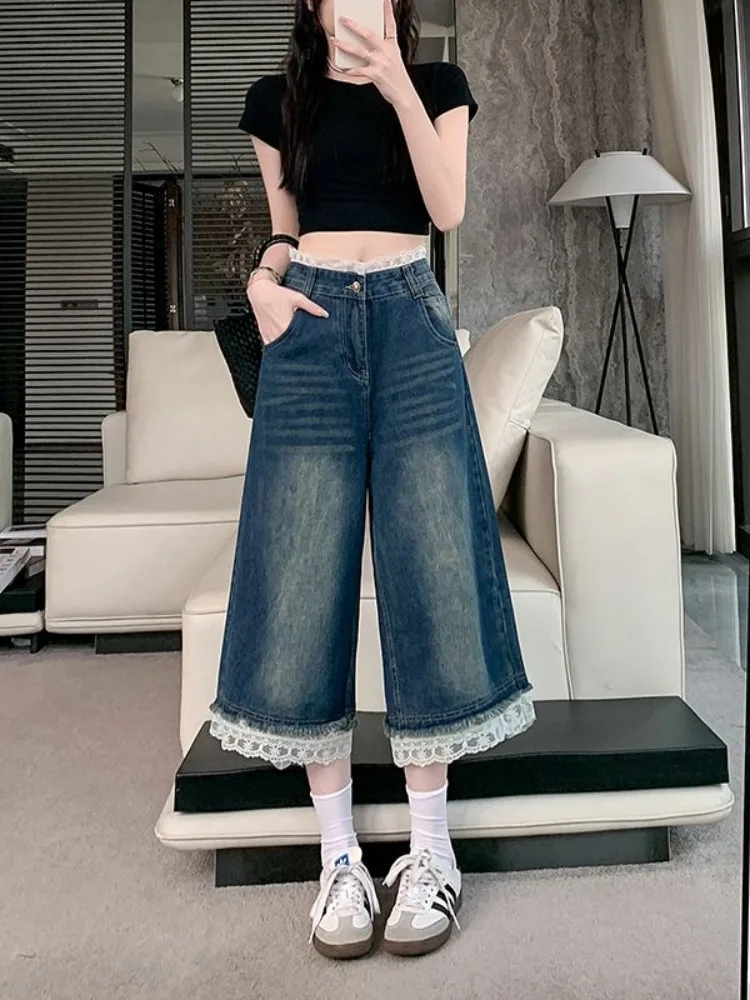 여름 여성용 미국 레트로 레이스 패치워크 블루 패션 청바지, 하이웨이스트 슬리밍 와이드 레그 크롭 팬츠