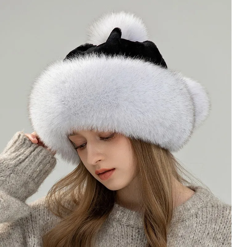 

Women real fox fur hat Winter warm ear-protecting princess fur straw hat Girl outdoor thickened whole fur rex rabbit fur ski hat