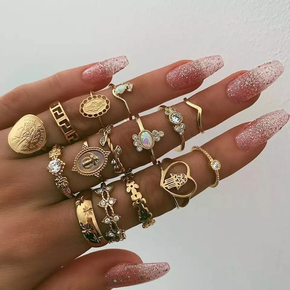 15Pcs Vintage Rings Set For Women Fashion Cross Floral Palm Pattern Crystal Geometric Rings Trendy Finger Jewelry Gifts New