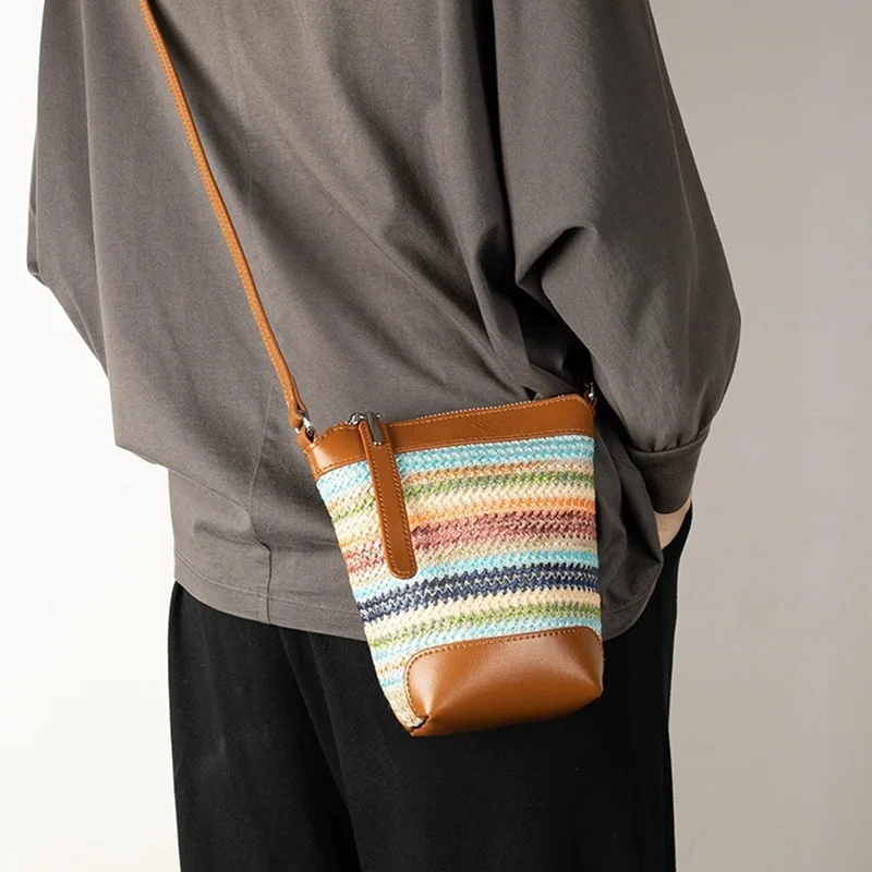 

Rainbow Woven Striped Crossbody Bag Genuine Cowhide Leather Bags Women Versatile Casual Small Shoulder Purse