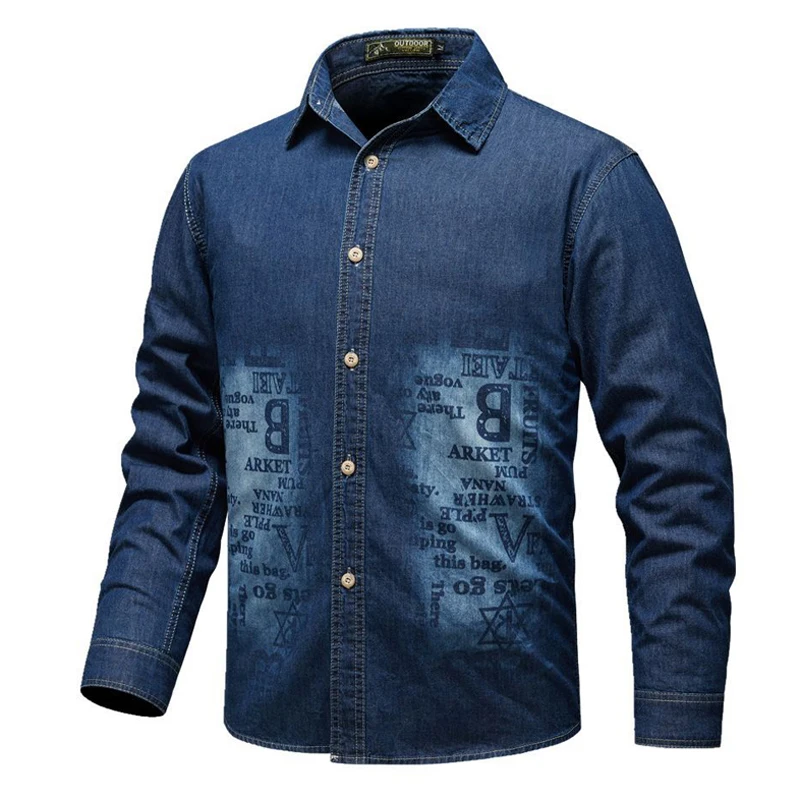 Spring Autumn Men's Cotton Denim Shirts Outdoor Men Vintage Print Long Sleeve Shirt Jean Jacket Men Washed Workwear Denim Coats