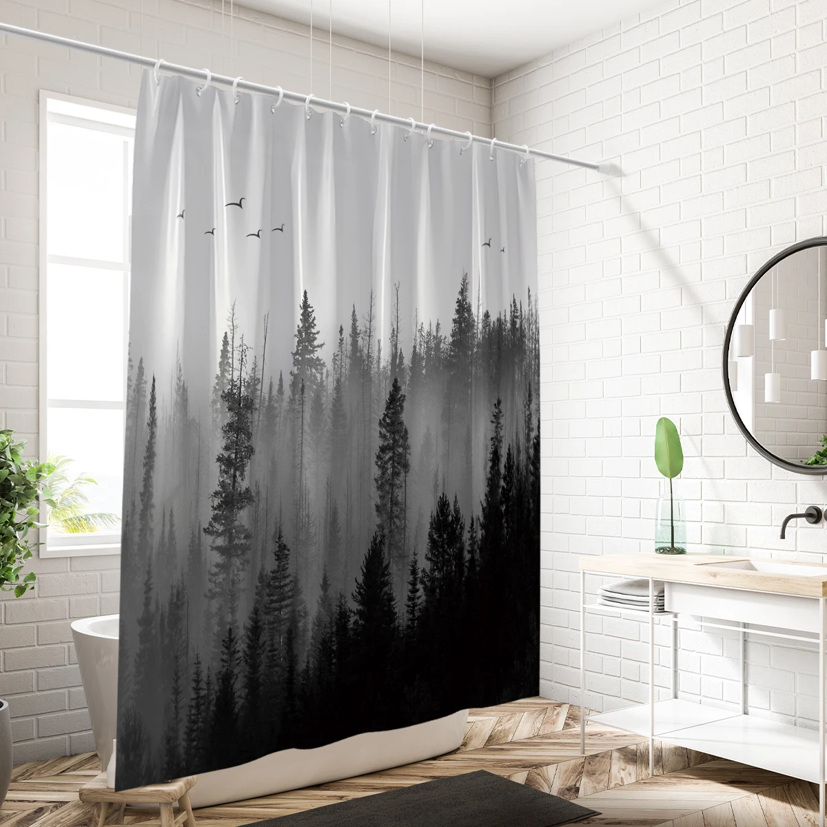 1 piece of 180x180cm natural scenery mist forest printed shower curtain partition, bathroom waterproof and mold resistant