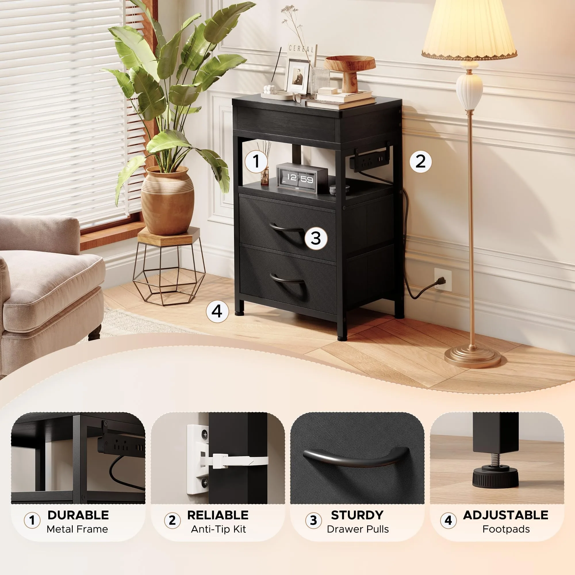 Nightstand, Lockable Hidden Compartment, Sliding Top Charging Station, 2 Fabric Drawers with USB & AC Outlets