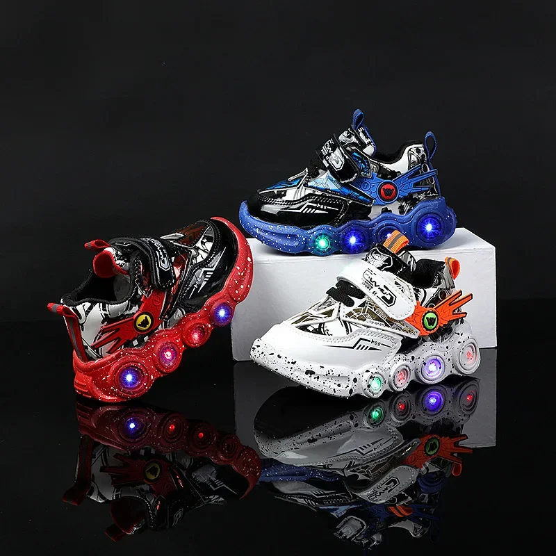 Kid Tennis Shoes Dazzling Cool Boy Shoe LED Lights Cartoon Autumn Kid Sport Shoe Leather Non-slip Running Shoe Sneaker Kid Shoes