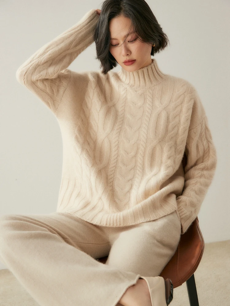 Heavyweight Women 100% Cashmere Sweater Mock Neck Pullover Cable Knitting Vintage Loose Style Cashmere Knitwear Autumn Winter