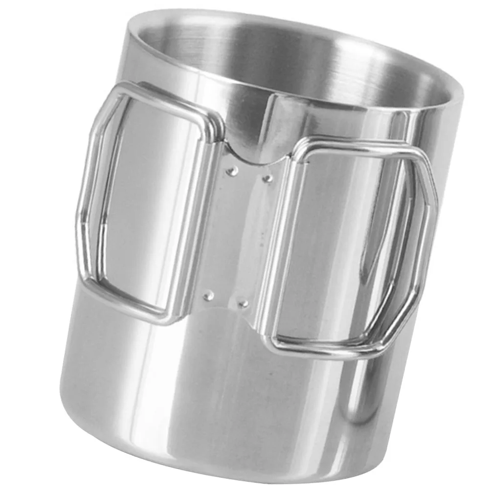 

Stainless Steel Folding Water Cup 300ml Double Layer Camping Mug Portable Coffee Cup Foldable Handle Outdoor Hiking Travel