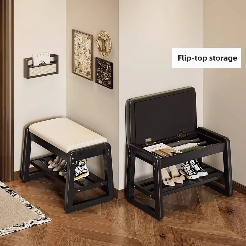 Luxury solid wood shoe changing bench, soft cushioned bench, doorstep shoe wearing bench, solid wood shoe cabinet for storage