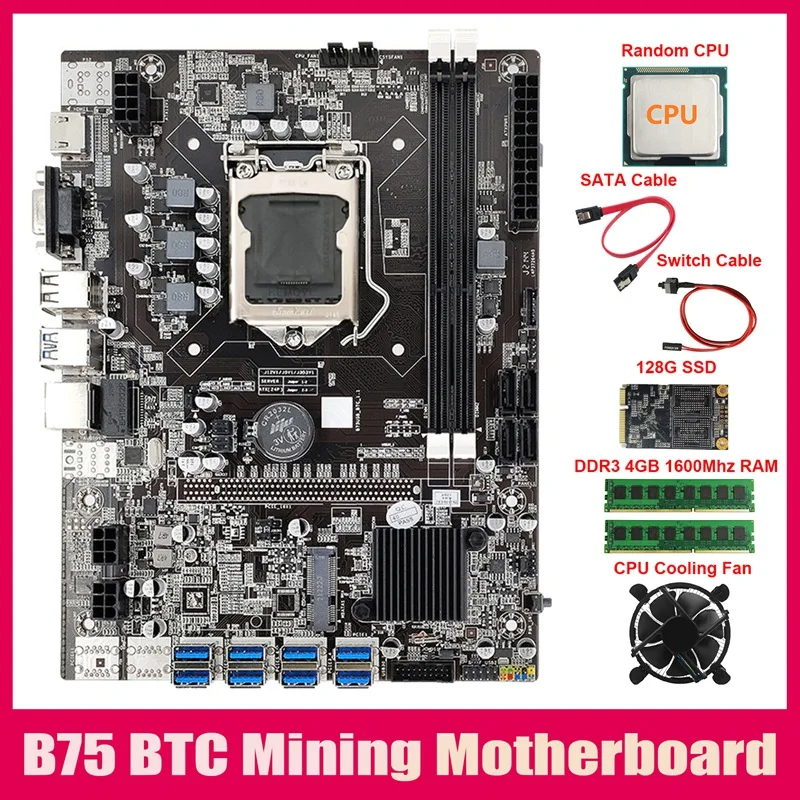 

B75 BTC Mining Motherboard+CPU+2XDDR3 4GB 1600Mhz RAM+128G SSD+Fan+SATA Cable+Switch Cable LGA1155 8XPCIE To USB Board