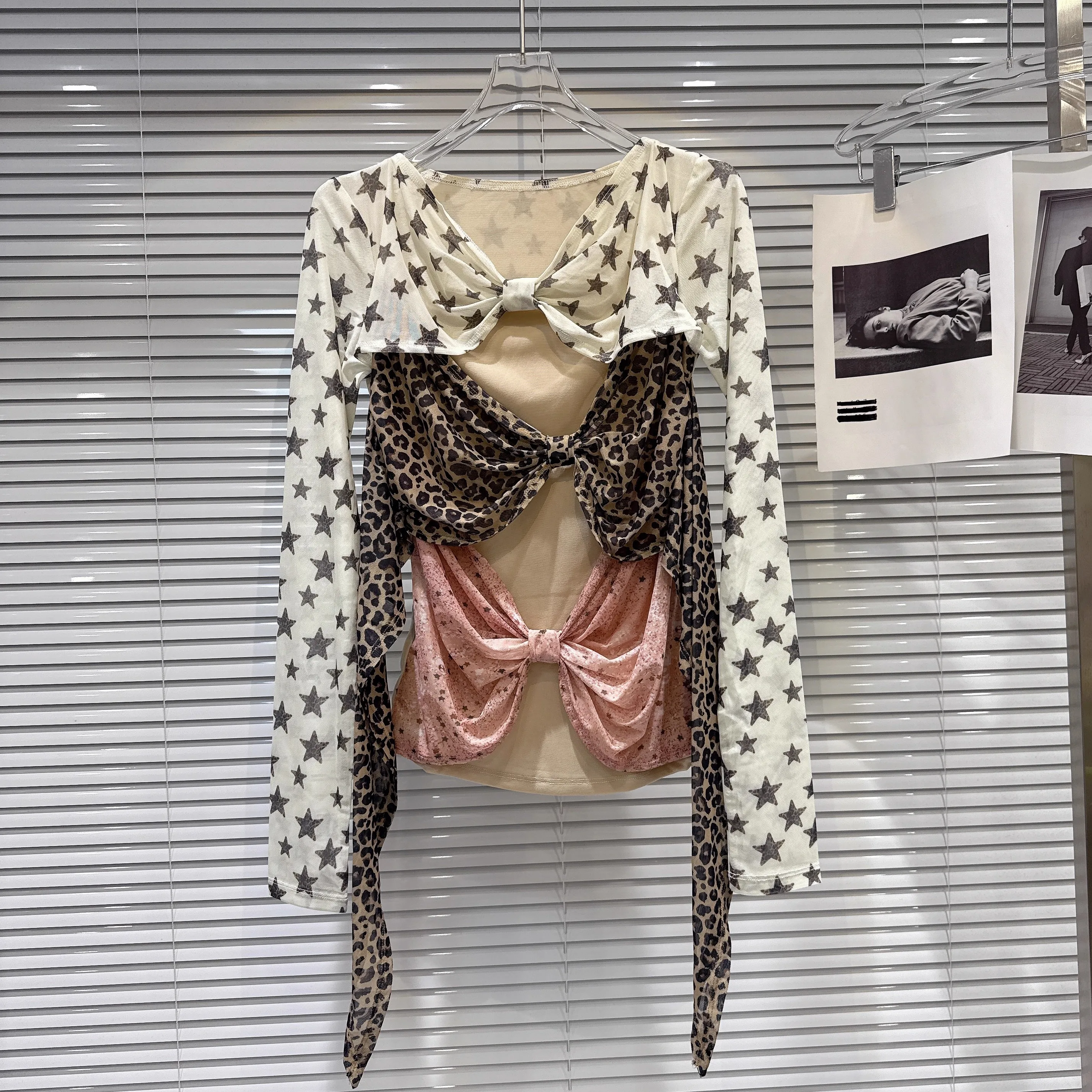 

Gagarich Fashion Korean Women T Shirt 2025 Autumn New Arrivals Flirty Leopard Print Star Colorblock Bow T-Shirt Top