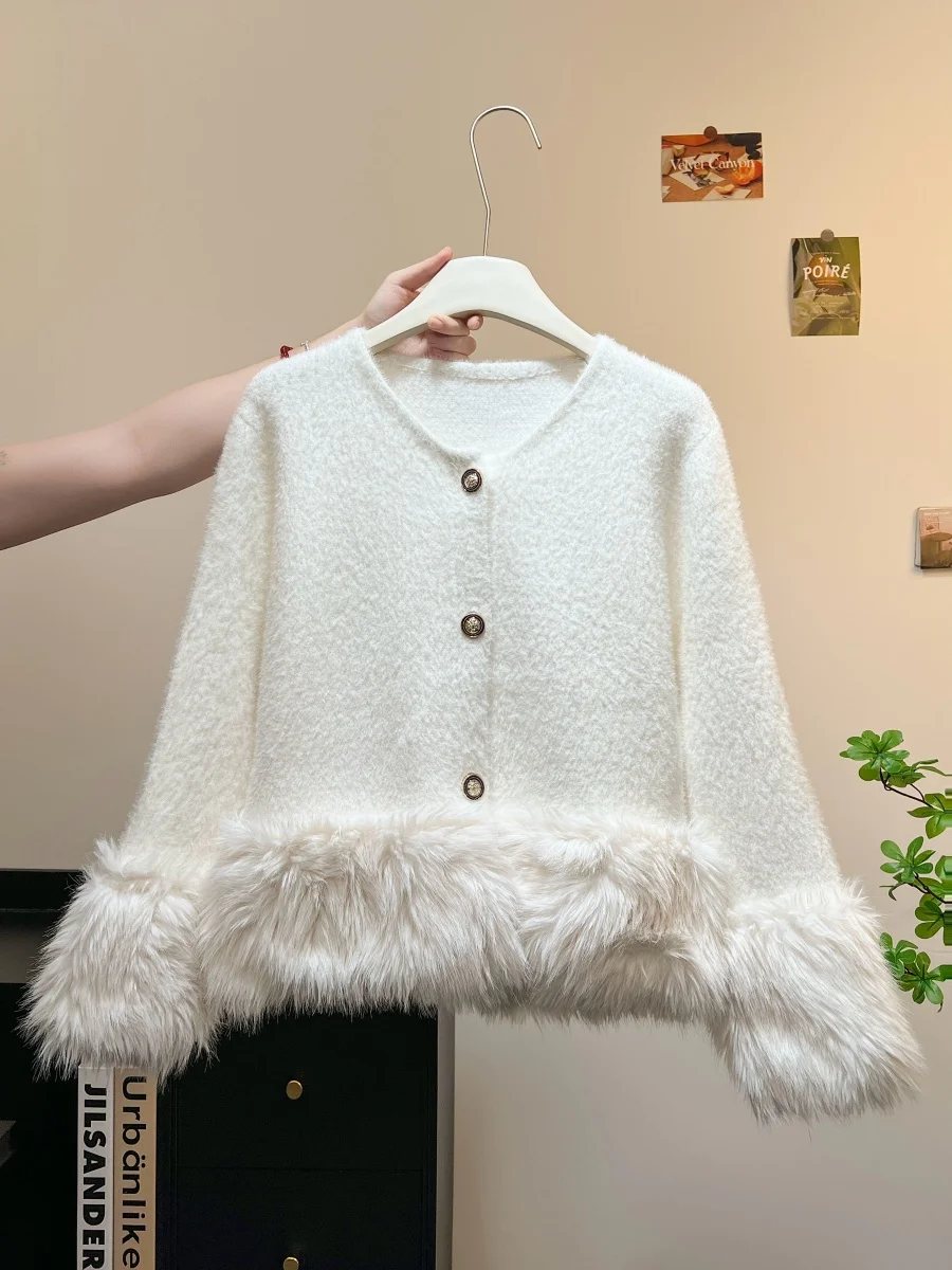 

Женский вязаный топ из лисьего меха во французском стиле, однобортный белый короткий свитер, куртка на осень-зиму