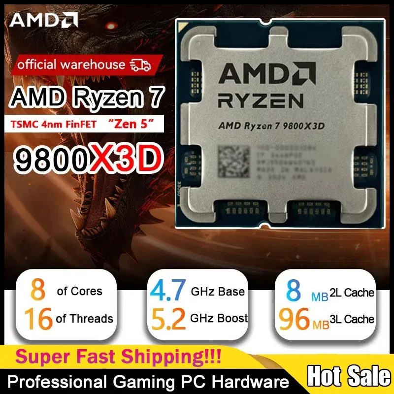 

AMD Ryzen 7 9800X3D CPU Processor , 8C/16T 120W up to 5.2 GHz, 3D V-Cache L3=96M 100-100001084 Socket AM5 New but no fan
