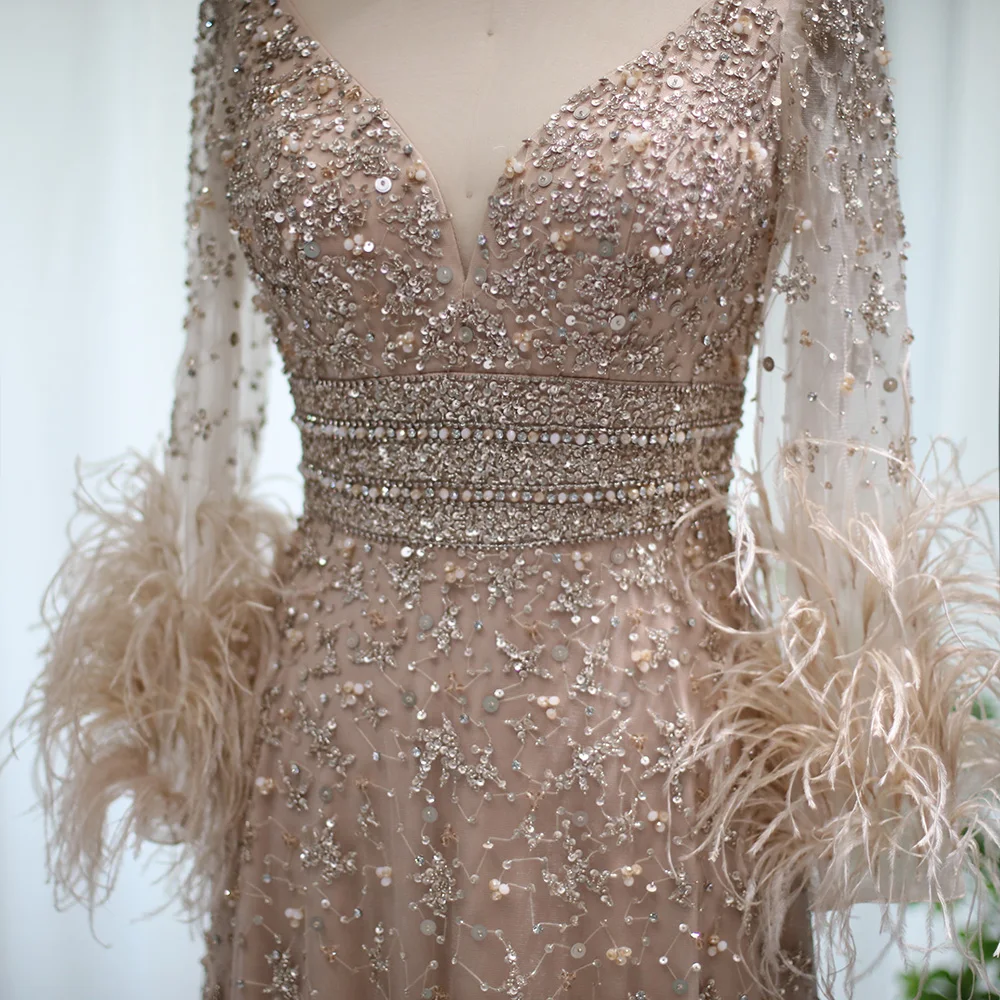 Sharon Said Luxuriöses Abendkleid mit Perlen und Silberfedern in Champagner für Damen, Hochzeit, Bankett, formelle Gala, Partykleid SS101, Maßanfertigung – Detail 6
