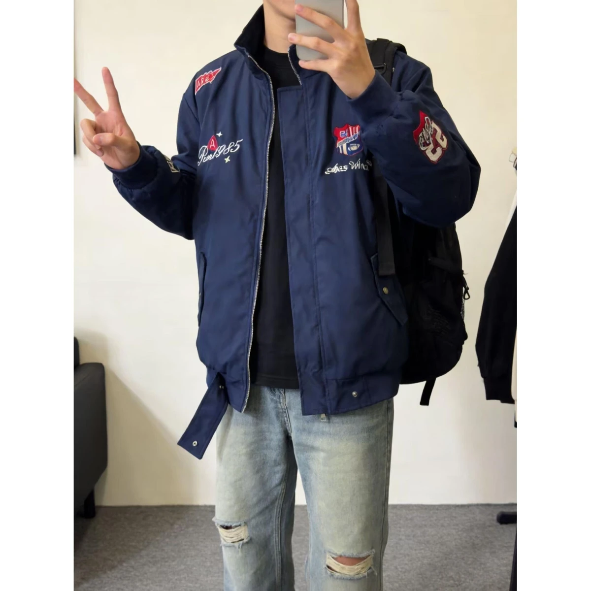 

Loose Fit Men's Jaet Street Sle Hong Kong Flavor Spring Autumn Trendy Outerwear Stand Size Non-Iron Treaent Long Sve