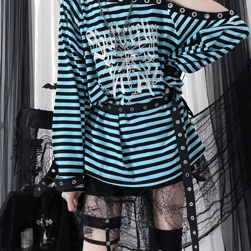 

Популярная стильная блузка в полоску с длинными рукавами и пуговицами с открытыми плечами, тонкая повседневная модная футболка с кружевным узором Y2k