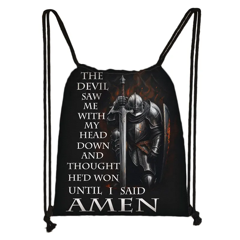 

Until L Said Amen Print Drawstring Bag Crusaders Knight Storage Bags Outdoor Backpack for Travel Shoes Holder