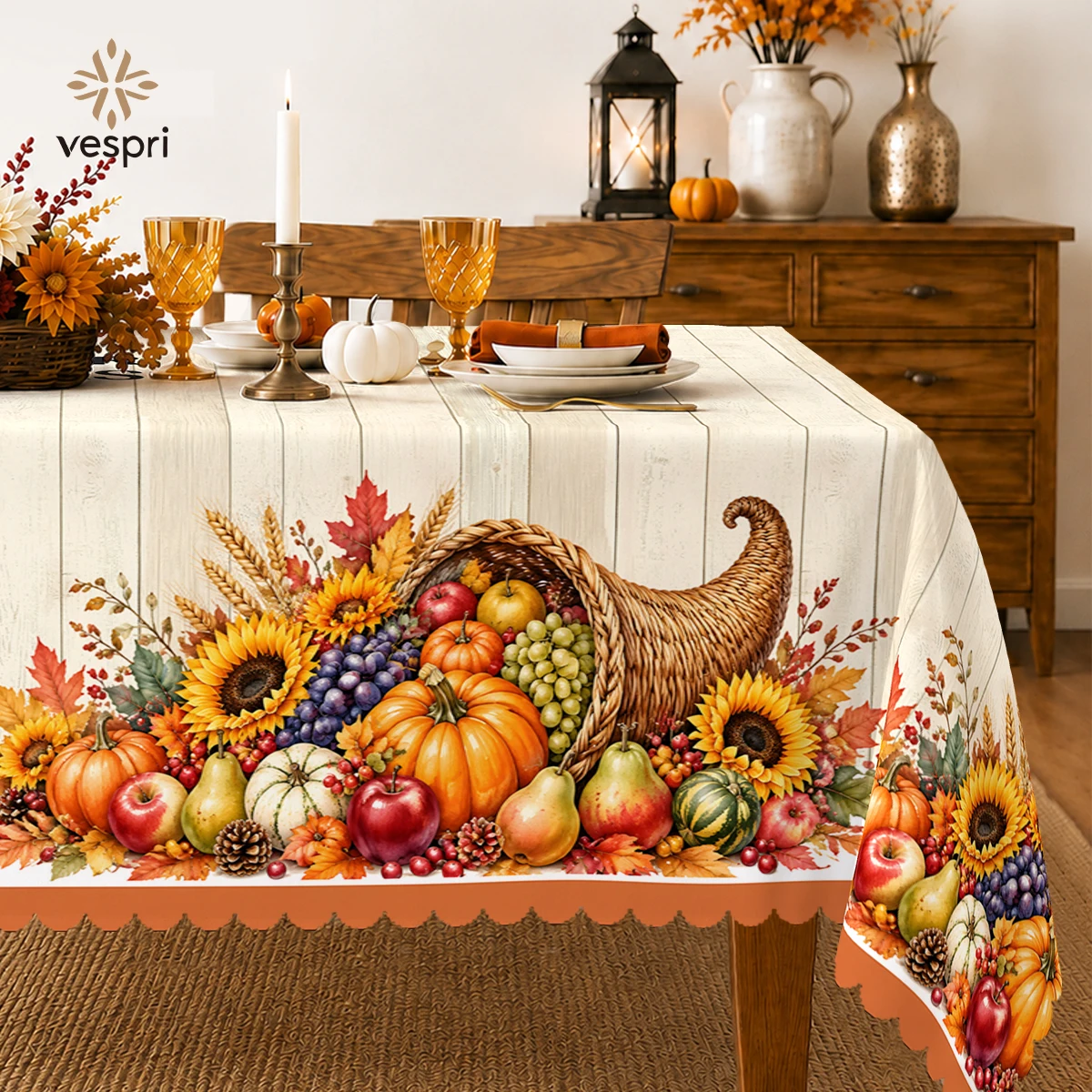 Harvest Tablecloth with Cornucopias & Turkeys for Indoor/Outdoor Camping decor, Rectangular/Round/Oval