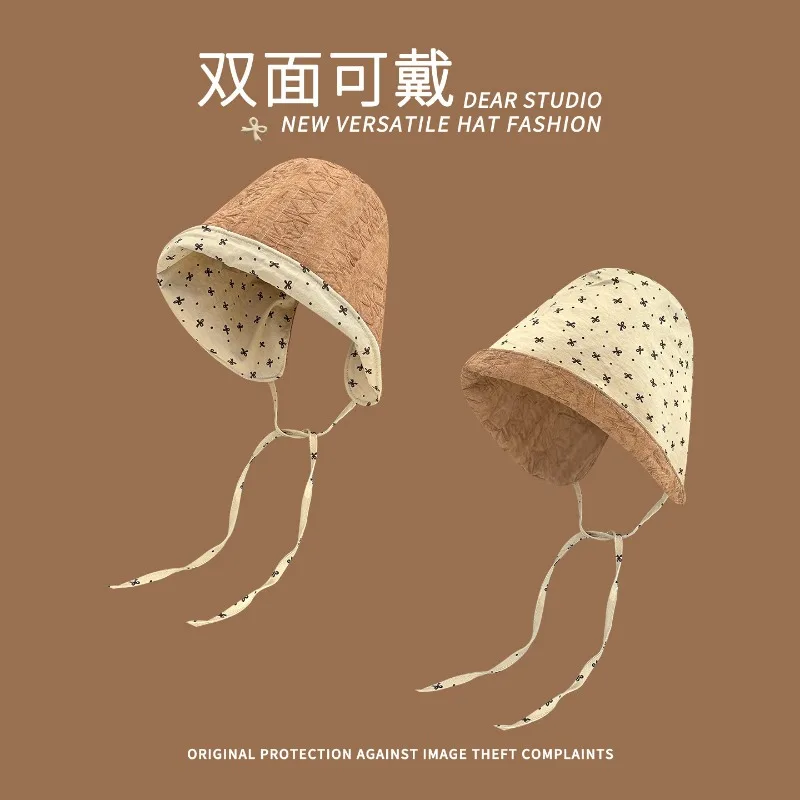 

Korean Reversible Wearable Pullover Sun Caps for Women Spring and Summer Vacation Shade Sweet Bow Print Lace-up Bucket Hat