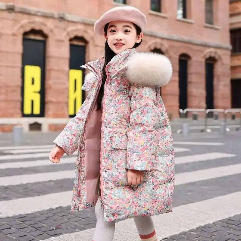 -30 Russian Winter Girls Long Clothing Floral Faux Fur Hooded Down coat Girl Teenager Children Outwear Warm Parka TR306