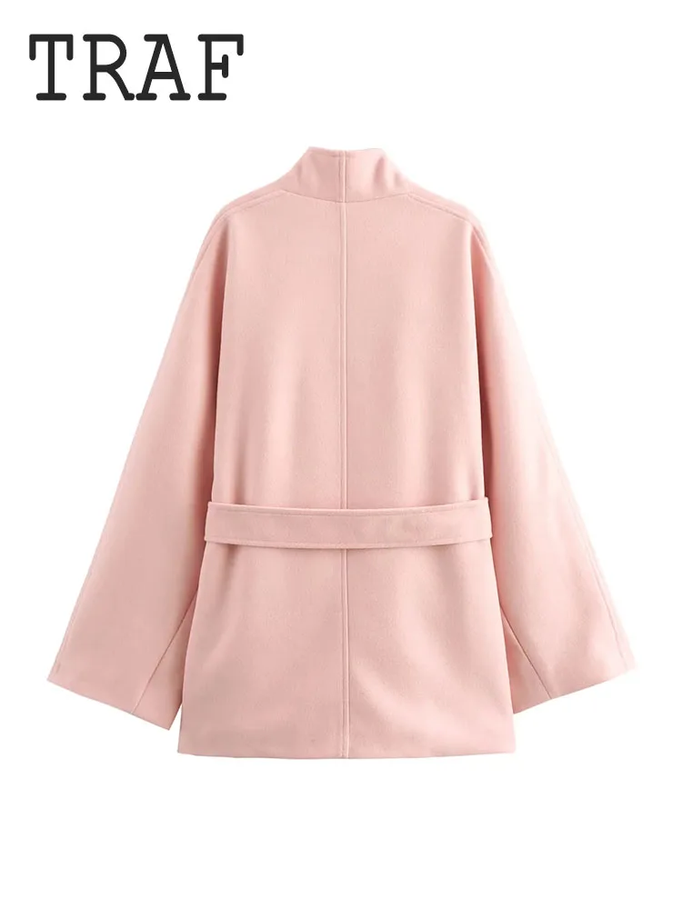 TRAF Woman Blend Coats Pink Jacket 2024 Autumn Winter Belt Long Sleeve Jackets for Women Elegant Streetwear New In Outerwears