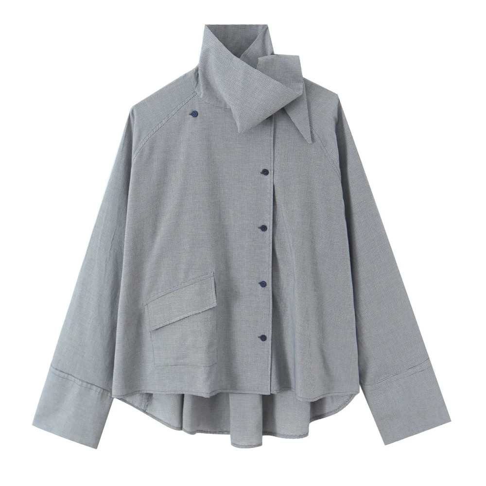 

2026 new women's clothing fashionable temperament versatile long sleeved high neck long sleeved design with pleated loose shirt