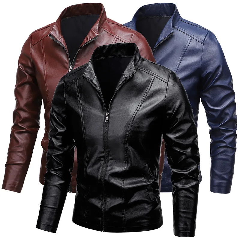 Herren-Motorrad-Lederjacke, 2024, Herbst, solide Slim-Fit, Reißverschluss, Stehkragen, winddicht, PU-Lederjacke, Mantel, Herrenbekleidung