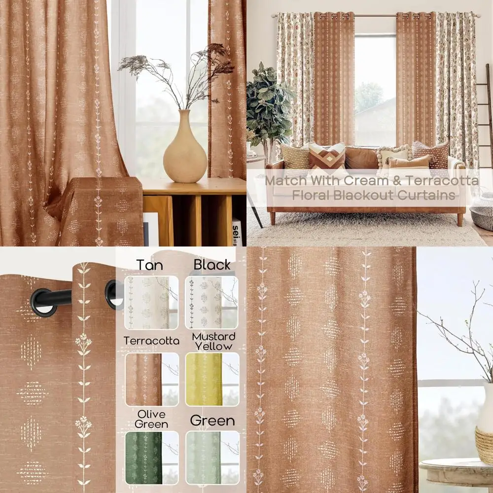

Vintage Floral Farmhouse Curtains, 84 Inch Boho Style Linen Sheer Panels Set for Living Room with Aztec Print Pattern
