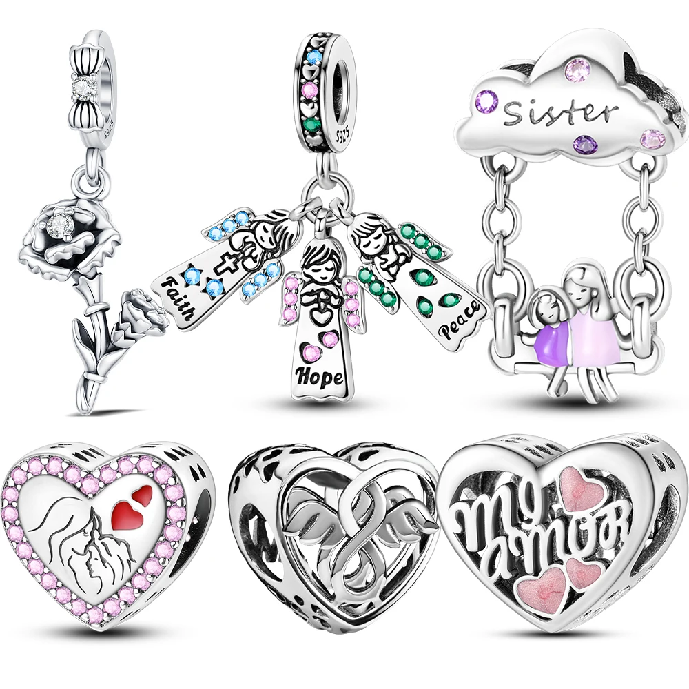 925 Sterling Silver Love Charms Rose Sister Angel Heart Beads Fit Original Bracelets Family & Friendship Jewelry Gift For Woman