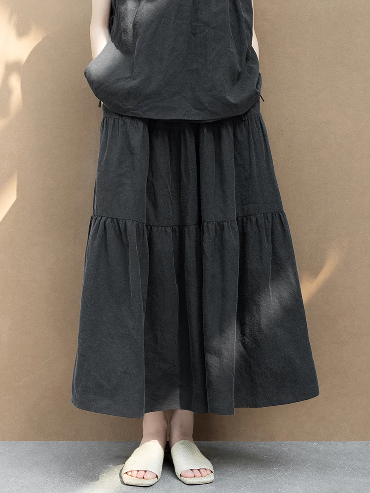 

New Le Collection 00% Cotton Plant-Dyed Fading Bla Summer Elastic Waist Tower Skirt Casual A-Line Loose Fit Ladies Skirt
