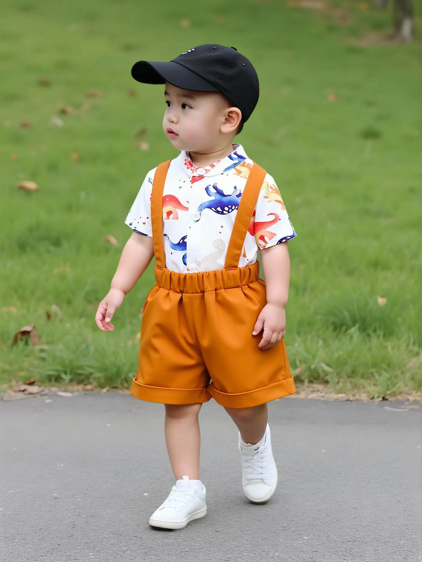 

Two piece set of fashionable and cute animal cartoon printed shirt for baby boys, triangle jumpsuit and overalls for summer