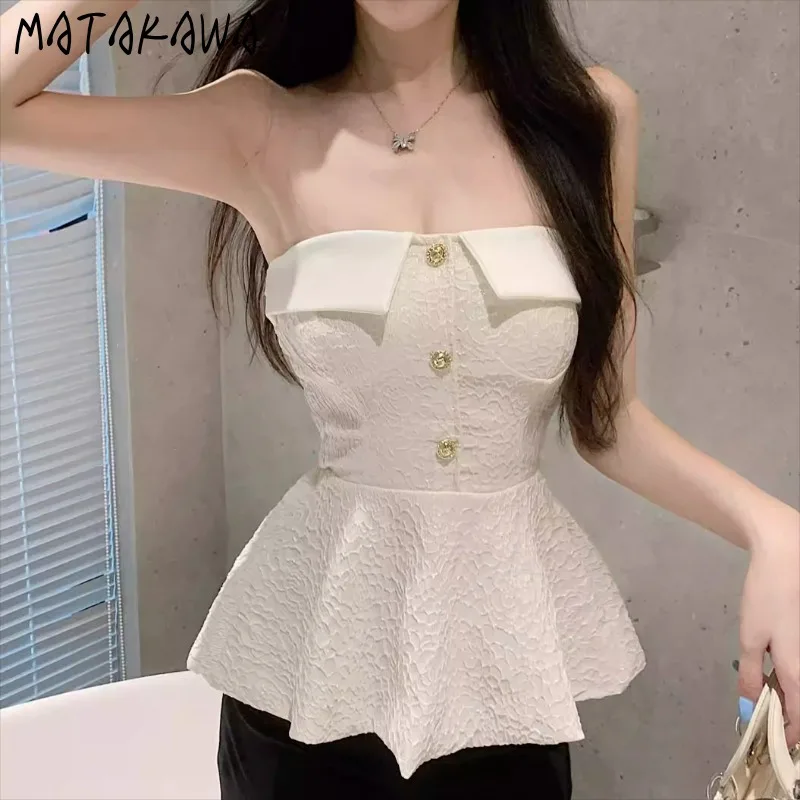 Matakawa verão t camisa para mulheres sem alças moda coreana vintage ropa de mujer elegante sexy básico fora do ombro regatas