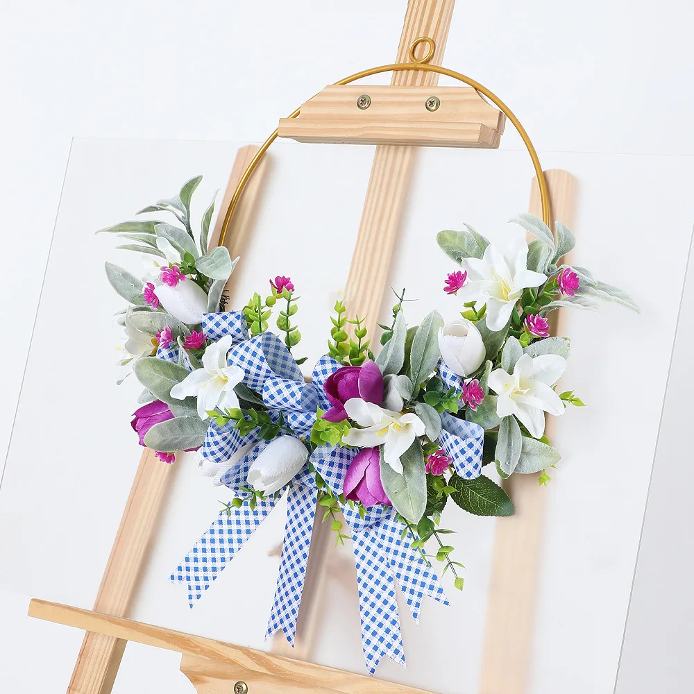 

Пасхальный венок с кроликом и цветами, декор для стен и входной двери, маленький цветочный венок