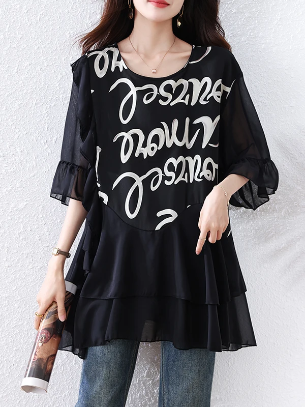 T-shirt ort Sve in chiffon da donna allentata Estate 2025 New Sle Age-Defng Top ultraleggero Faionable Wide-oulder irt
