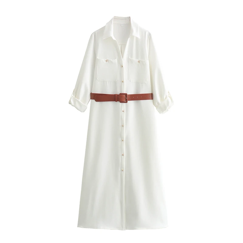 YENKYE Spring 2024 Women With Belt Long Shirt Dress Turned-up Sleeves Front Patch Pockets Female High Street Dresses