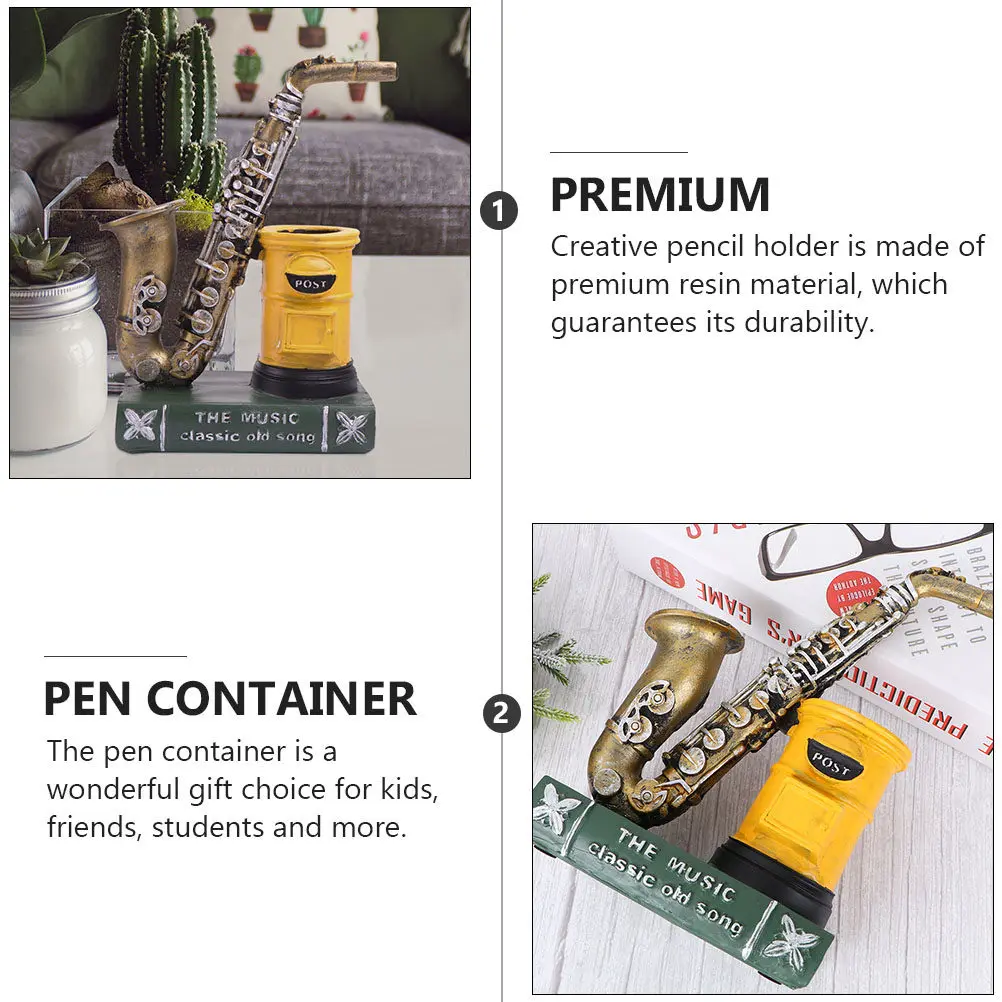 1Pcs Decorative Saxophone Pen Holder Resin Material Creative Desktop Stationery Holder for Home Office Classroom Use