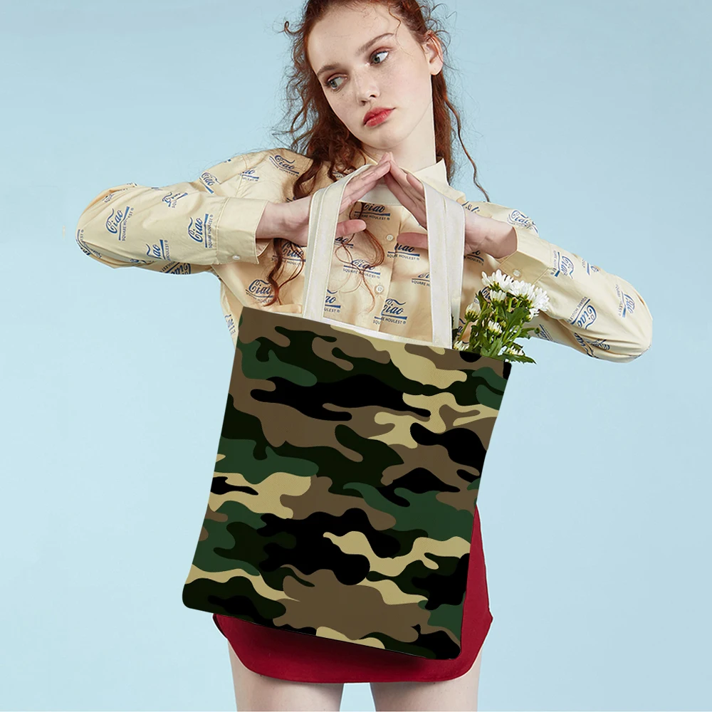 

Women Casual Canvas Shopping Bag Reusable Camouflage Pattern Lady Student Folding Tote Shoulder Bags Double Print Handbags