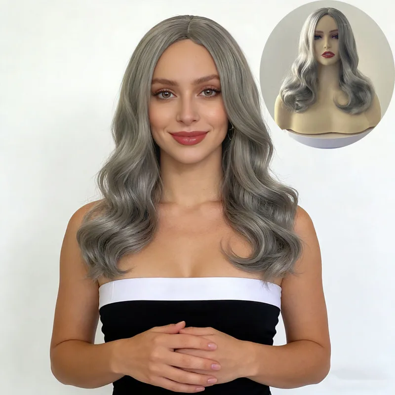Long Curly Gray Ladies Wig Personalized Fashion Outdoor Party Simulation High Temperature Wire Head-Wearing Synthetic Wig
