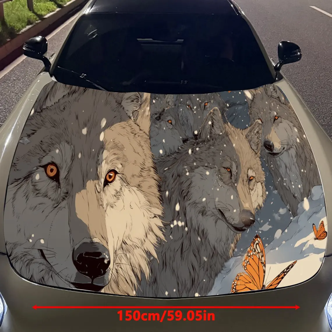 Wolves with Orange Butterflies Car Engine Hood Sticker, Auto Vinyl Wraps, Waterproof Self-adhesive Vehicle Decal, Durable & Anti